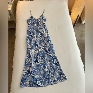 Blue and White Tropical Print Maxi Dress